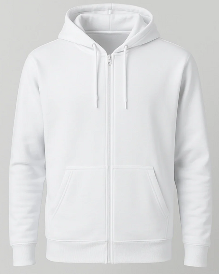 Felpa bianca unisex con zip intera e cappuccio doppio