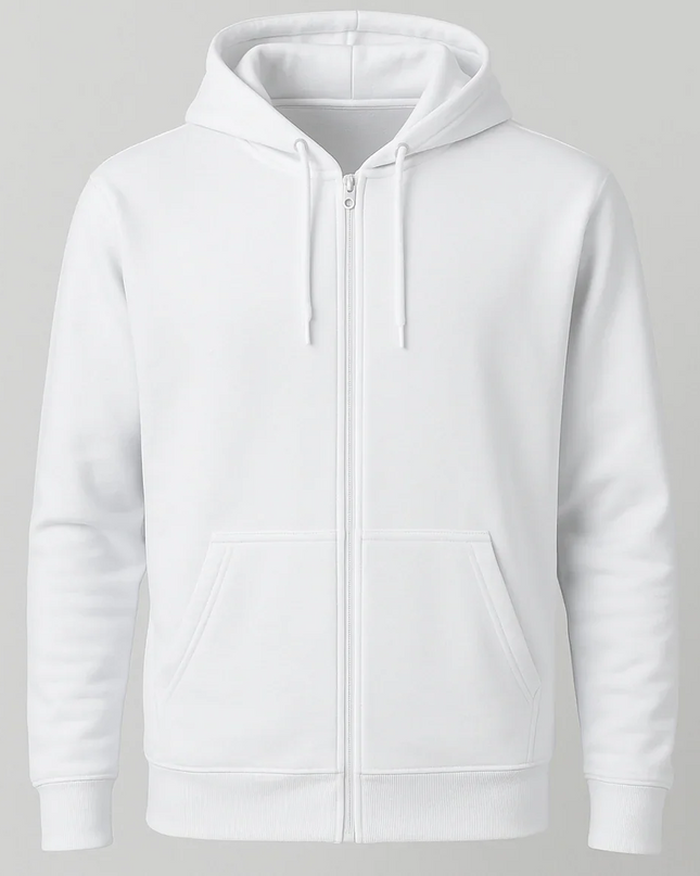 Felpa bianca unisex con zip intera e cappuccio doppio