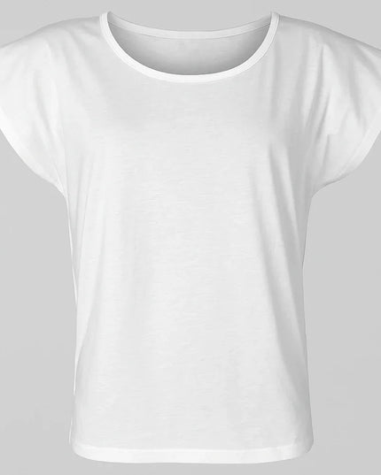 T-shirt donna ampia bianca con maniche stilizzate e collo a costina