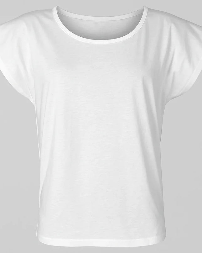 T-shirt donna ampia bianca con maniche stilizzate e collo a costina