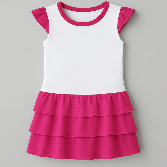Abitino estivo bambina bianco e fucsia, 100% cotone, taglio comodo e colorato.